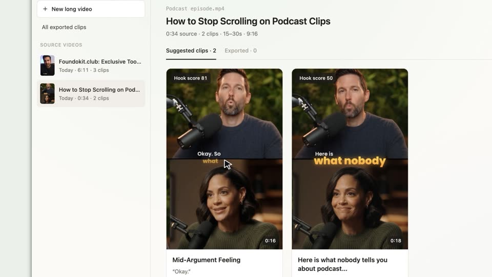 PandaStudio Clips tab showing suggested vertical clips from a podcast episode with hook scores