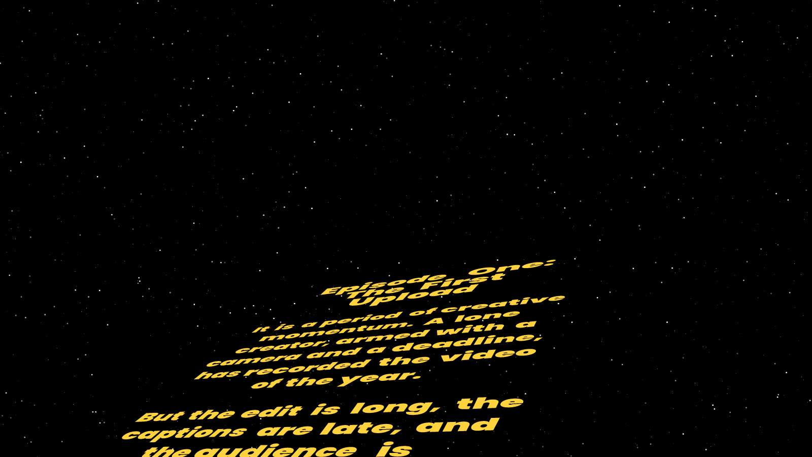 Opening crawl with the plane turned to one side, text receding at an angle into a starfield