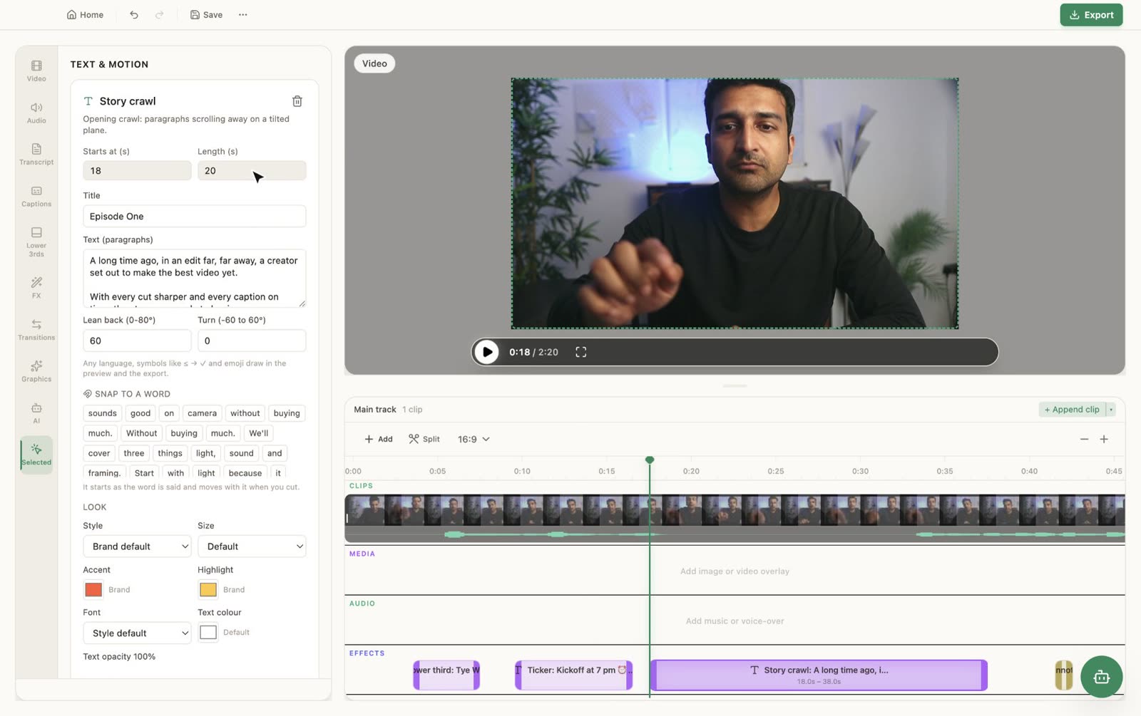 PandaStudio editor with a Story crawl selected: Starts at, Length, Title, Text, Lean back and Turn fields, and the crawl on the timeline