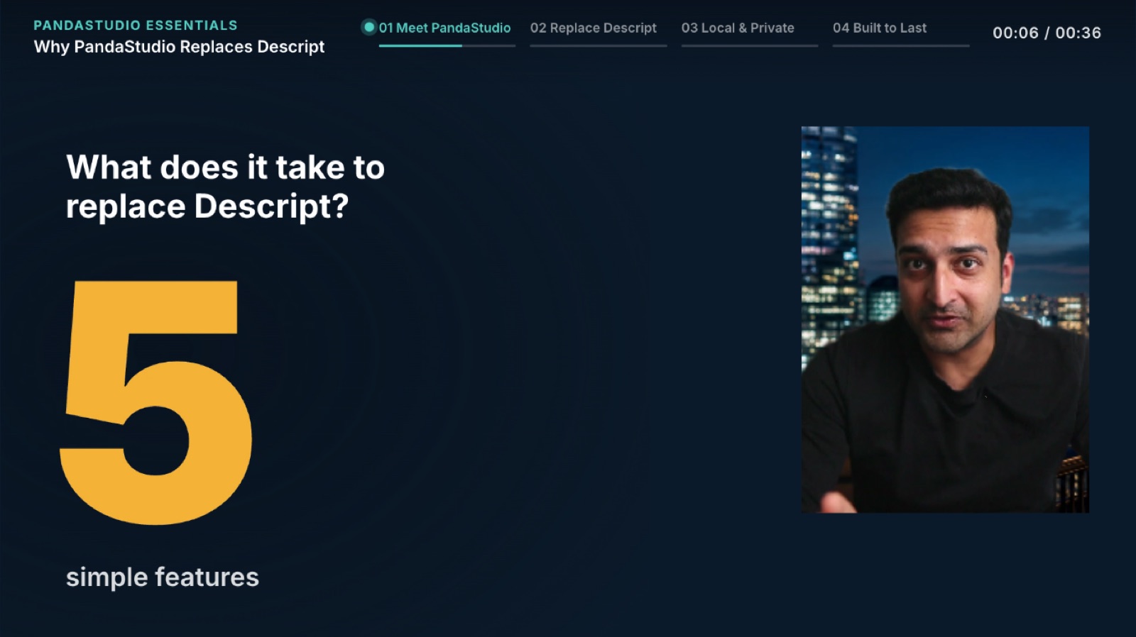 PandaStudio editor frame: presenter shrunk into a small card on the right, a large yellow number 5 and a question on the left, and a chapter progress bar with a timer across the top