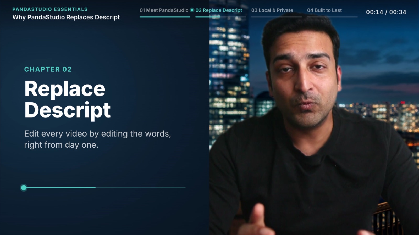 PandaStudio editor frame: split layout with a navy chapter panel reading Replace Descript on the left and the presenter on the right in front of a night city background