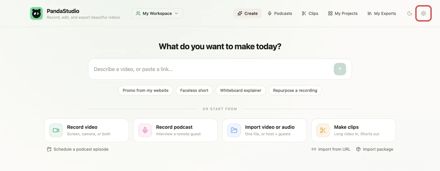 PandaStudio Home screen with the gear icon in the top right corner outlined