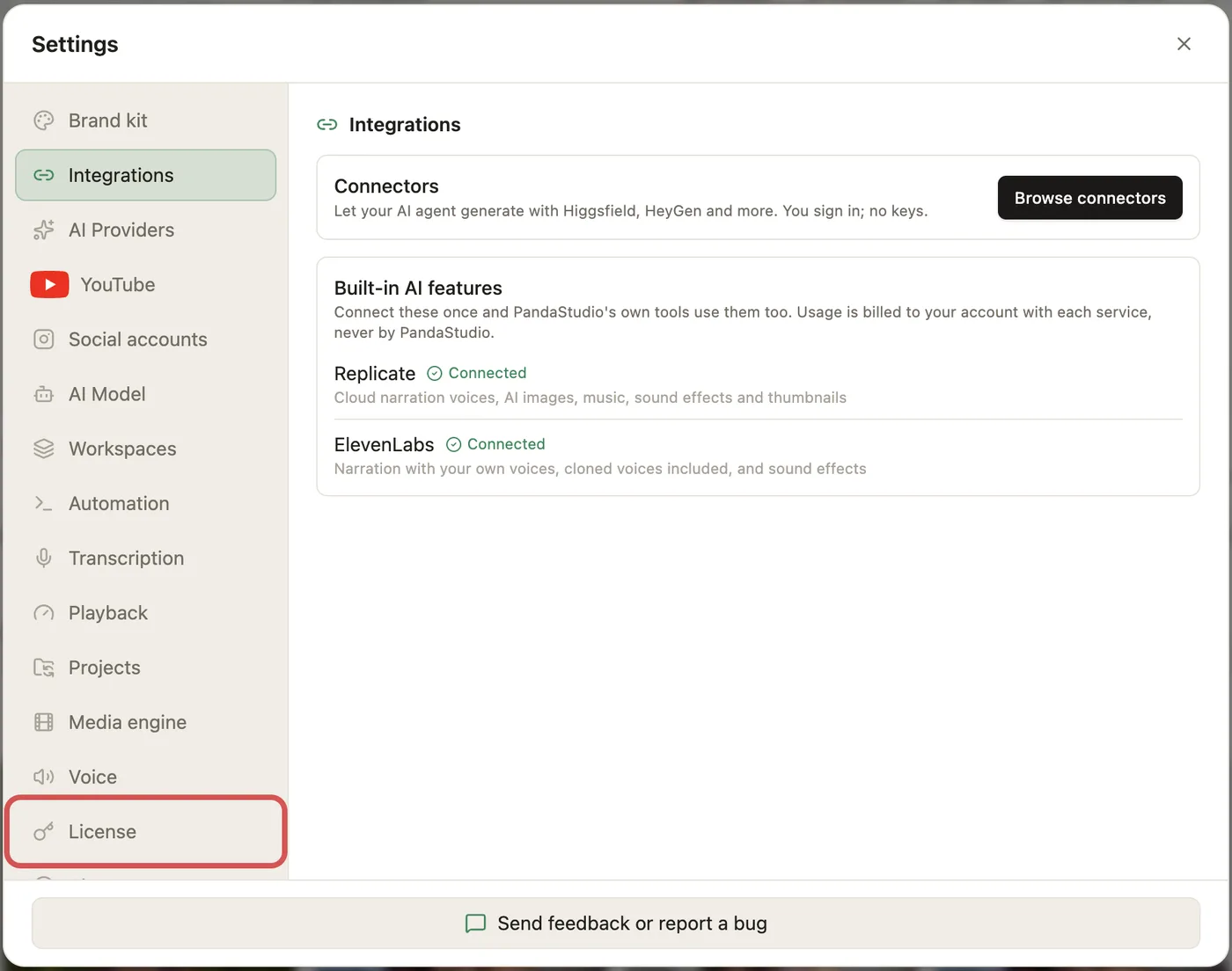 PandaStudio Settings window with License outlined near the bottom of the left-hand list