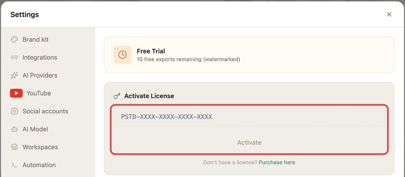 License settings with the key field and Activate button outlined