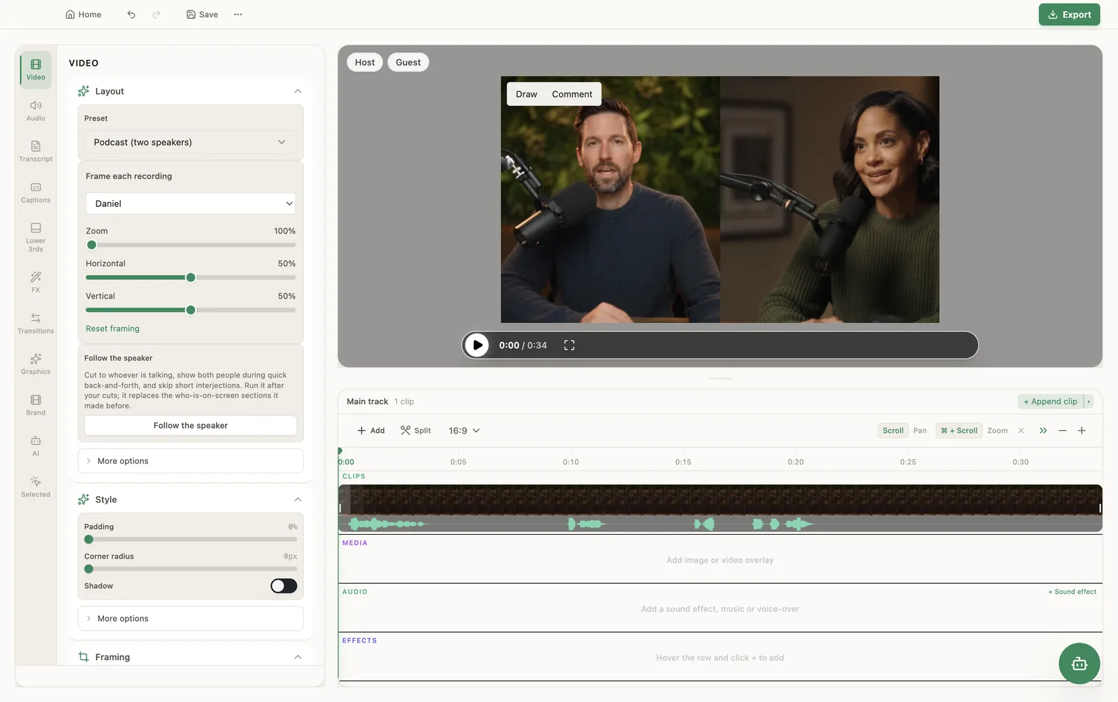 PandaStudio editor showing a two-person podcast side by side, the Layout panel set to Podcast (two speakers) and the Follow the speaker button