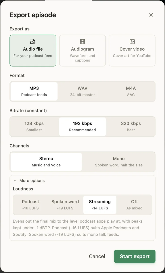PandaStudio Export episode dialog with Audio file, Audiogram and Cover video, MP3, WAV and M4A formats, bitrate and loudness options