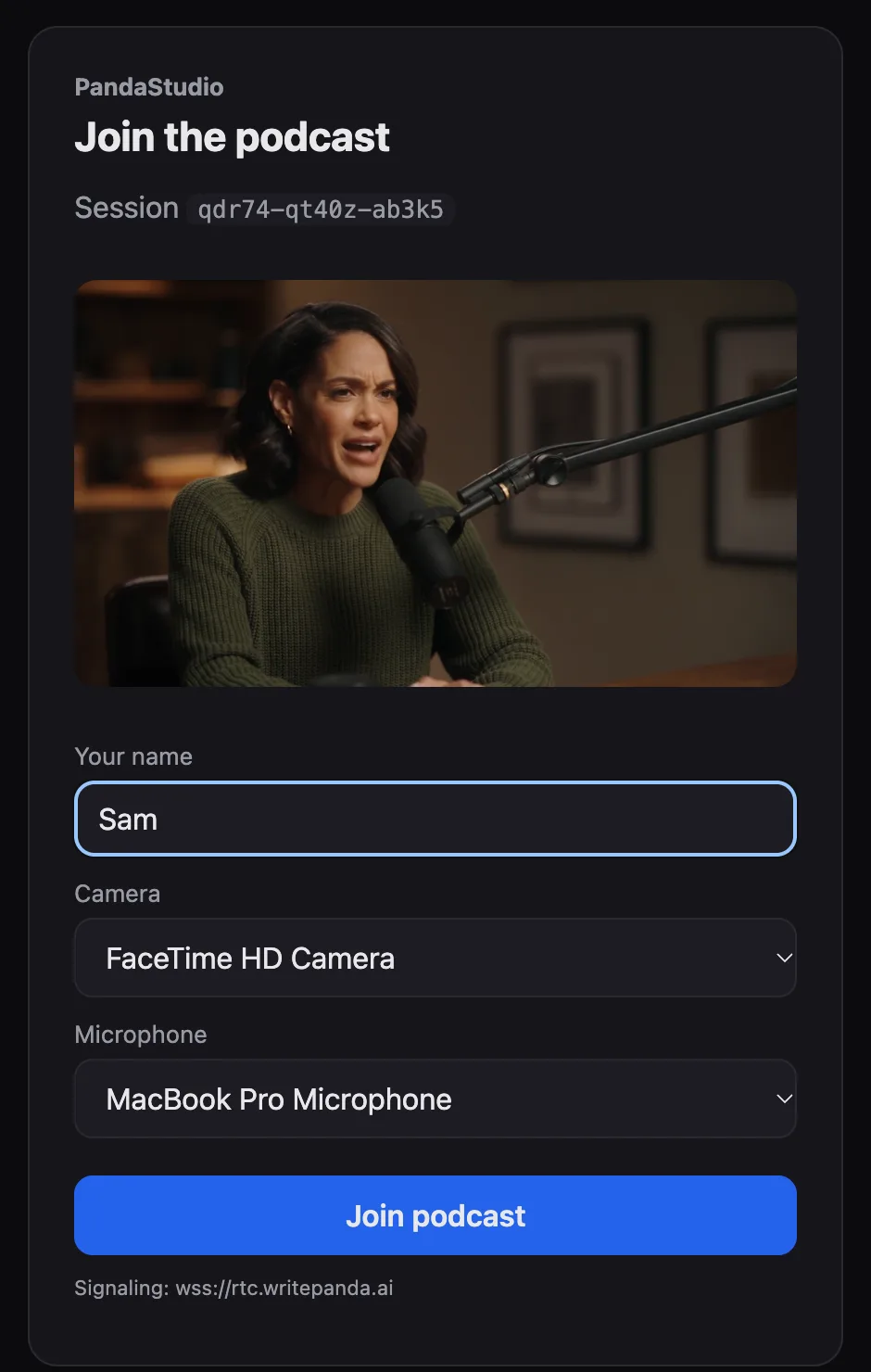 PandaStudio guest join page in a browser with a camera preview, Your name, Camera and Microphone pickers and a Join podcast button