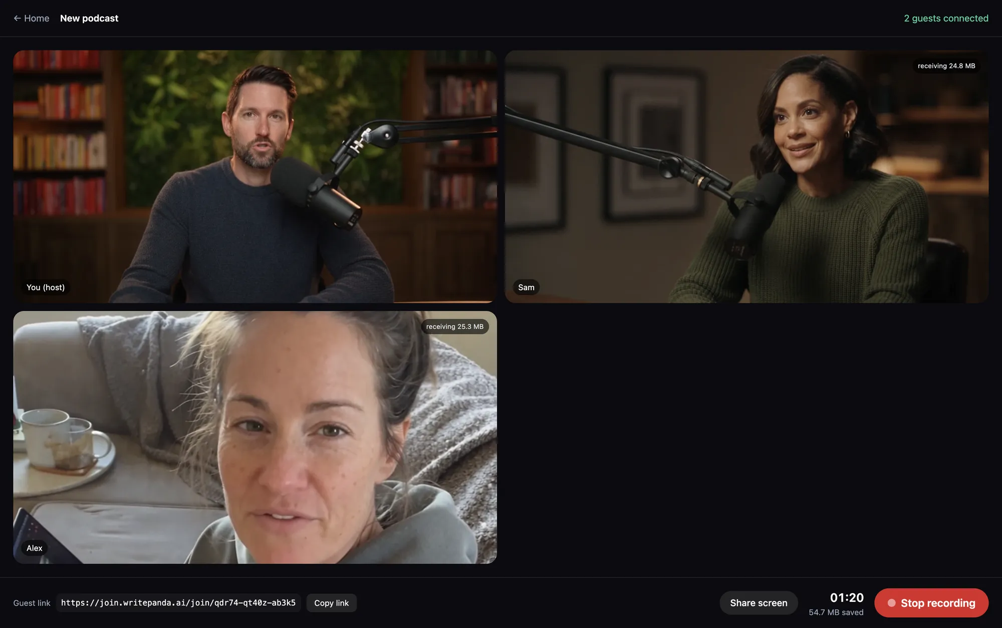 PandaStudio podcast host screen during a recording with the host and two guests on camera, the guest link, Share screen and Stop recording