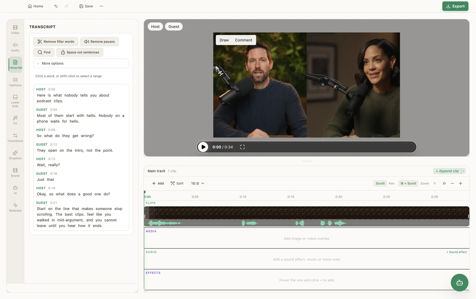 PandaStudio transcript panel with HOST and GUEST labels, Remove filler words, Remove pauses and Space out sentences buttons